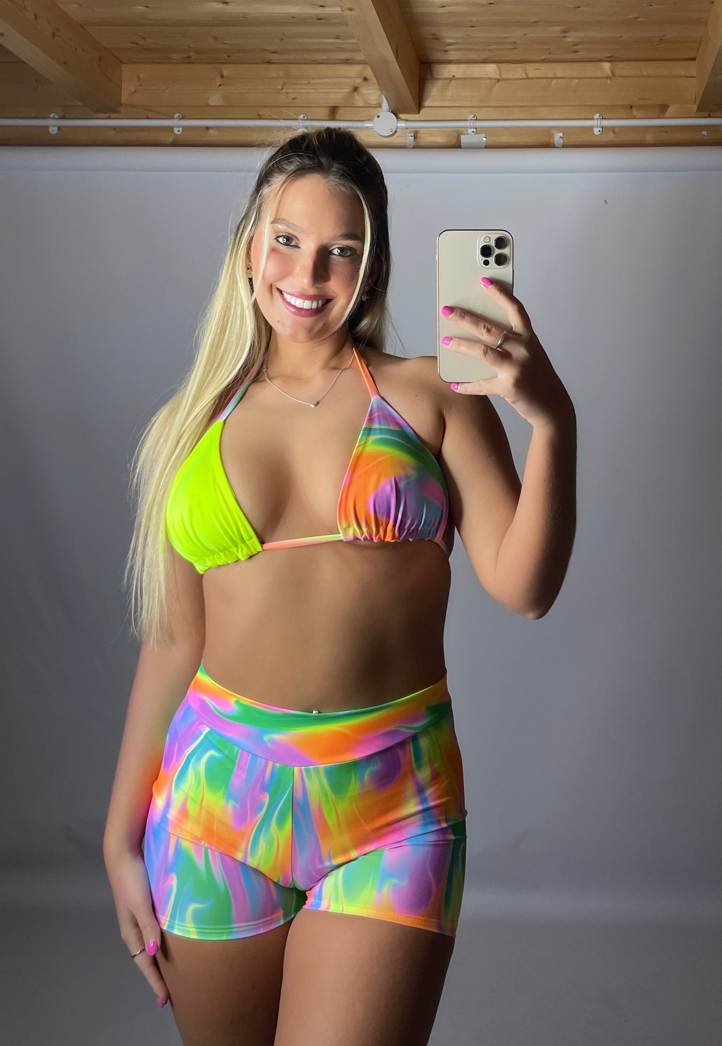 Half Triangle Top & High Waisted Shorts (2 Pieces) - MULTI FLAME & FLO YELLOW