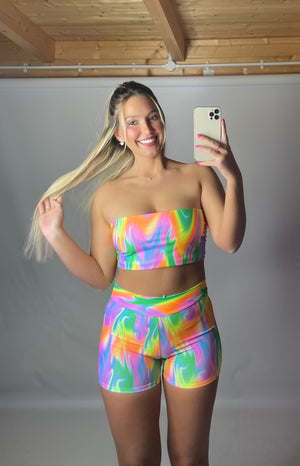 Tie Bandeau & High Waisted Shorts (2 Pieces) - MULTI FLAME