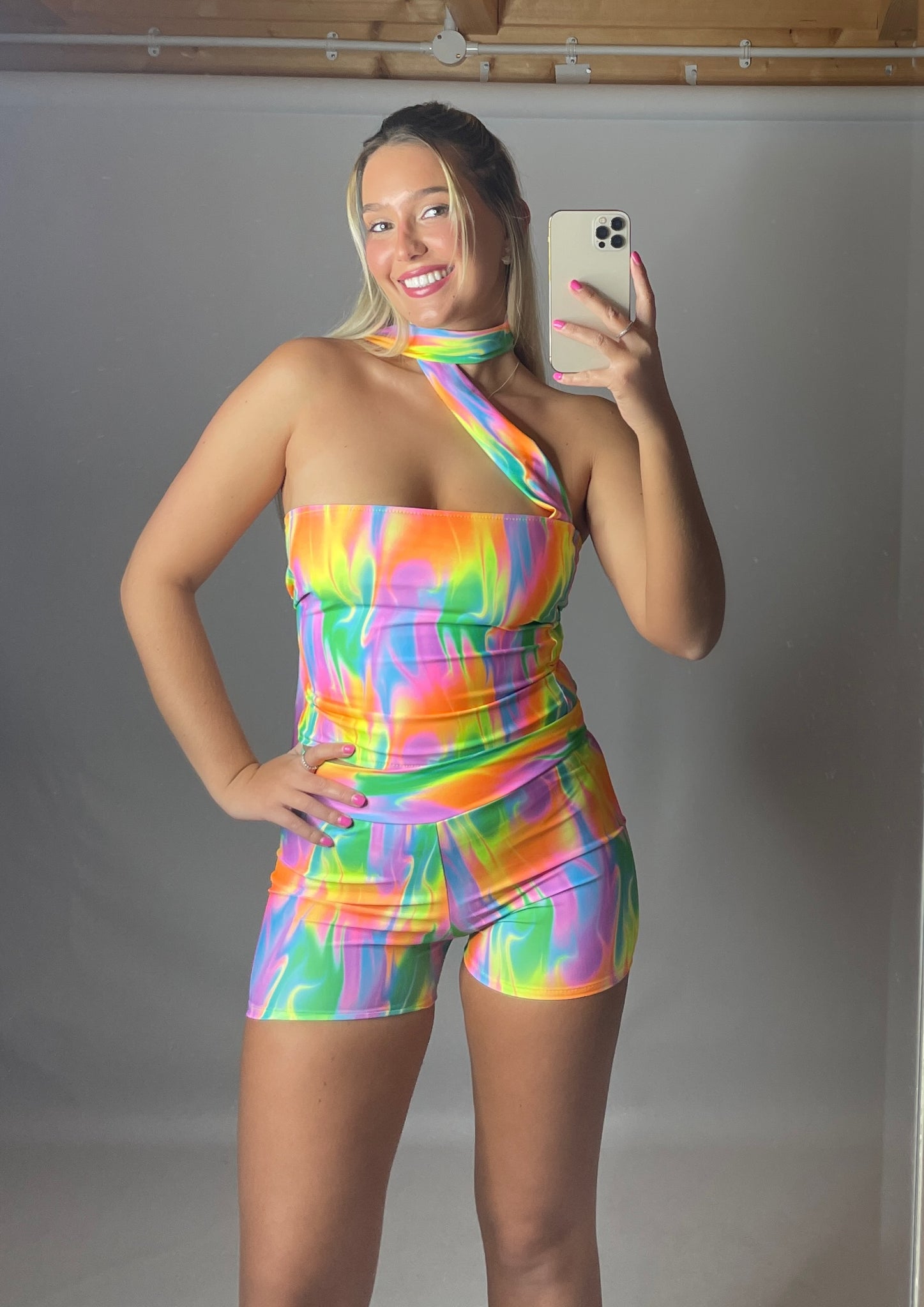 Neck Wrap Top & High Waisted Shorts (2 Pieces) - MULTI FLAME