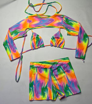 Extreme Crop, Triangle Top & High Waisted Shorts (3 Pieces) - MULTI FLAME