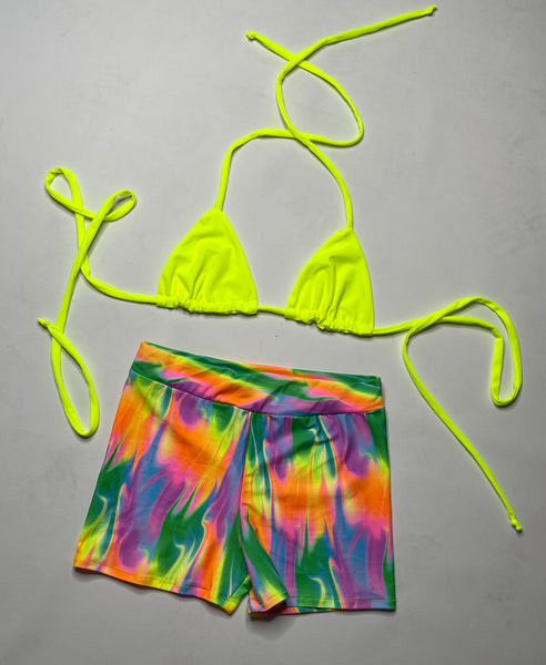 Triangle Top & High Waisted Shorts (2 Pieces) - MULTI FLAME & FLO YELLOW