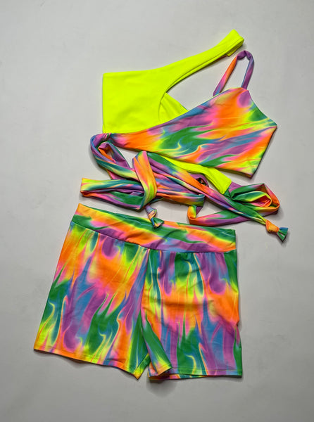 Cross-Wrap Top & High Waisted Shorts (2 Pieces) - MULTI FLAME & FLO YELLOW